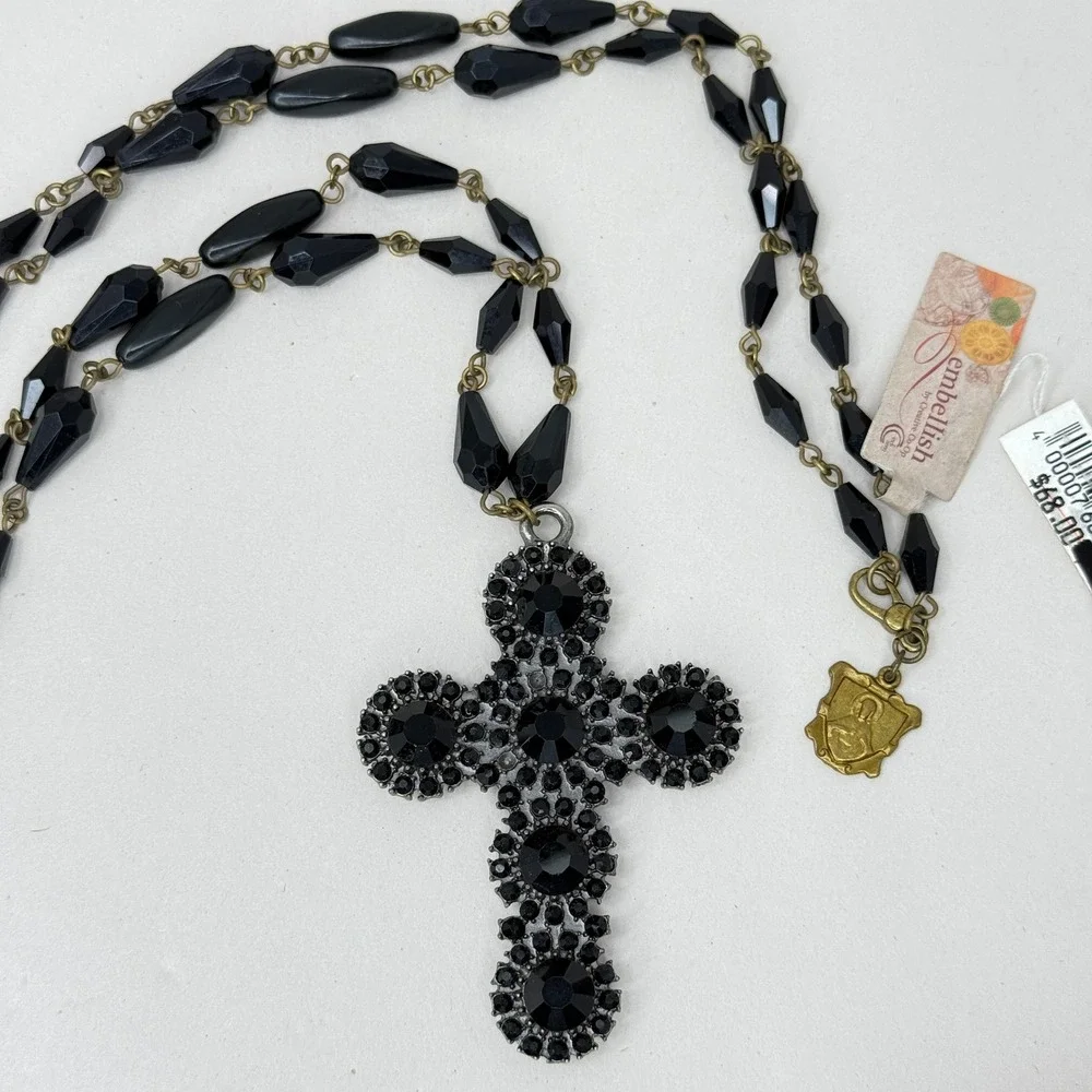 Embellish Graceful‎ Glory Metal Necklace Black Beaded Cross Pendant JW0740